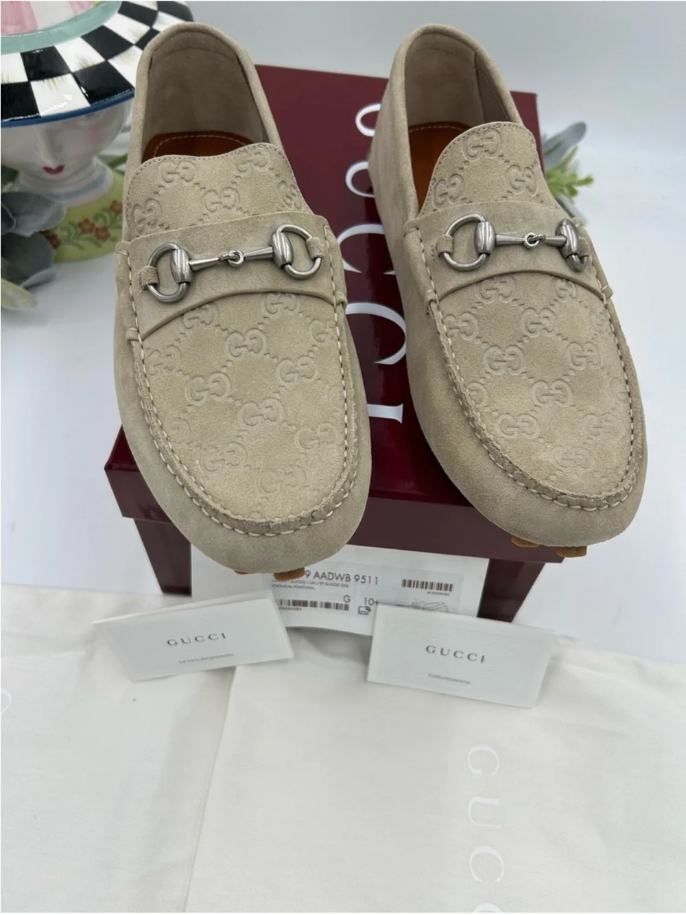Men’s Gucci suede oatmeal horse bit driver loafer size 10.5 fits 11.5 US